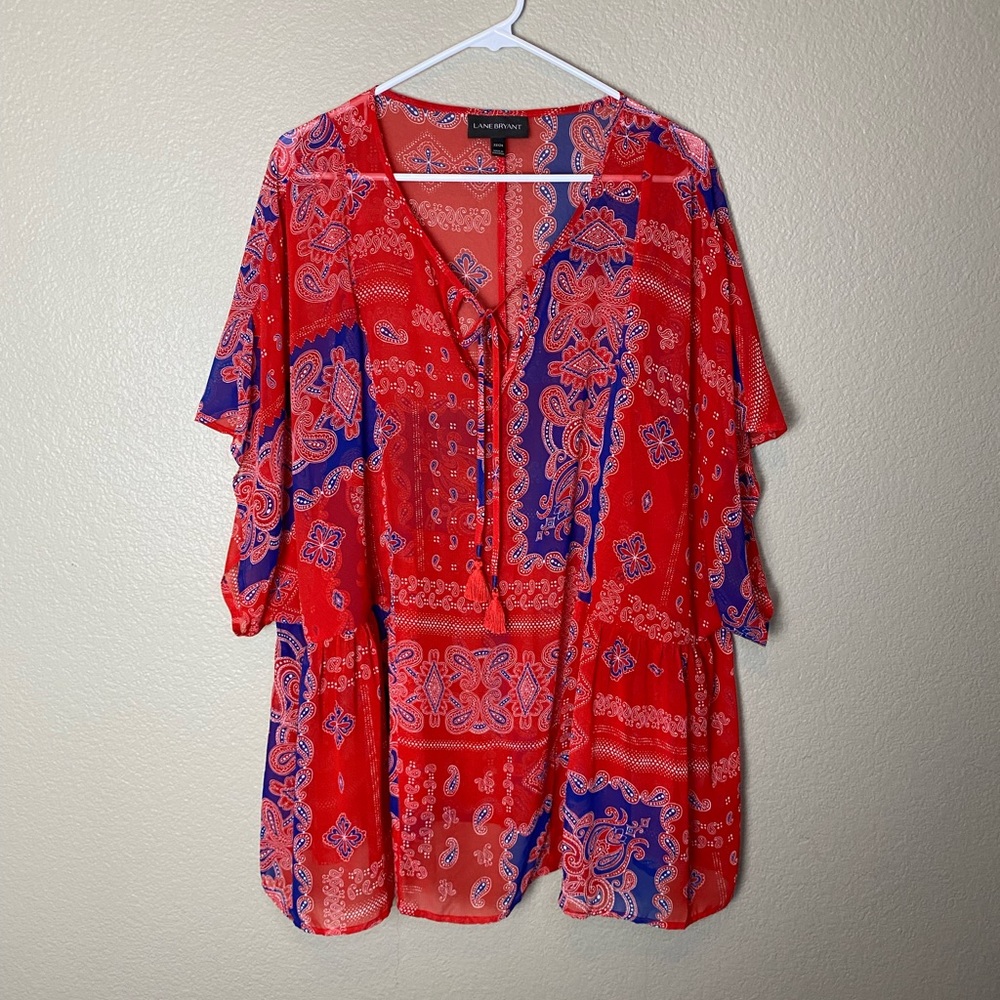 Lane Bryant Sheer American Paisley Tassel Tie Blouse - Picture 3 of 12